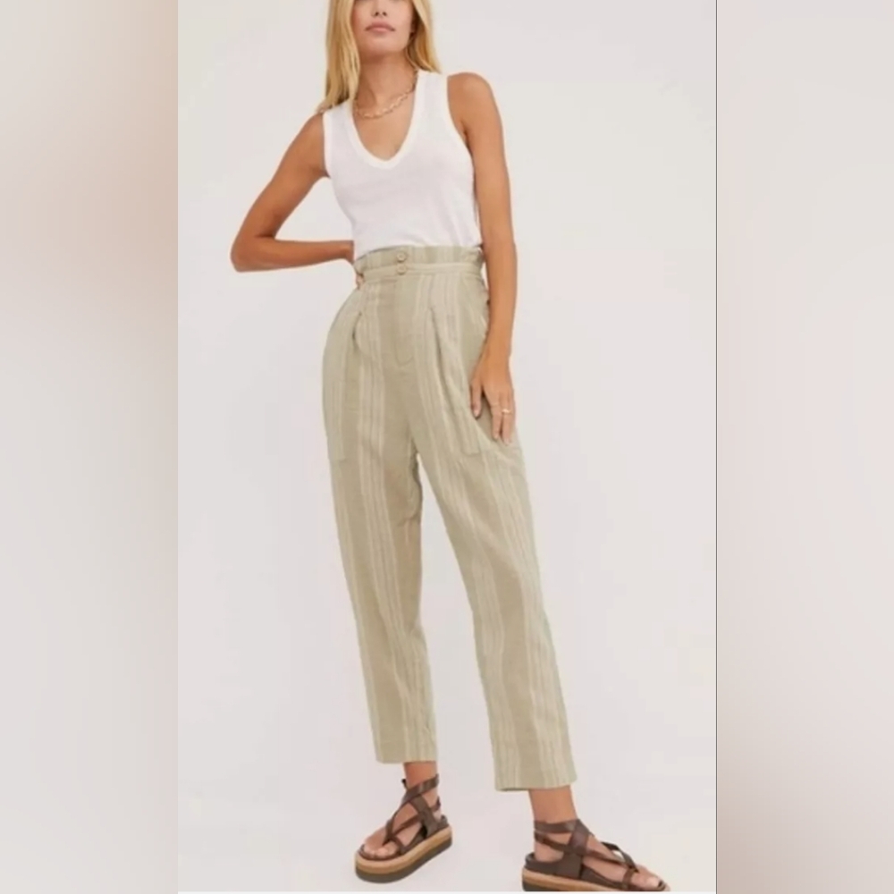 Free People Semi Sweet Sage Crop Stripe Pull On Lightweight Pants Size Medium